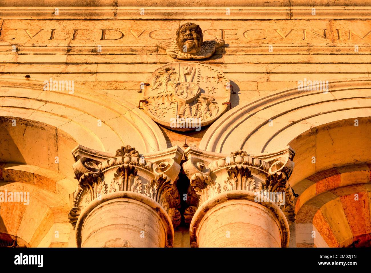 Coat of arms on the bell tower of the Cathedral, Ferrara, Italy Stock Photo