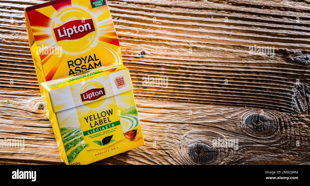 POZNAN, POL JUL 16, 2022 Two packages of Lipton Tea, a famous brand