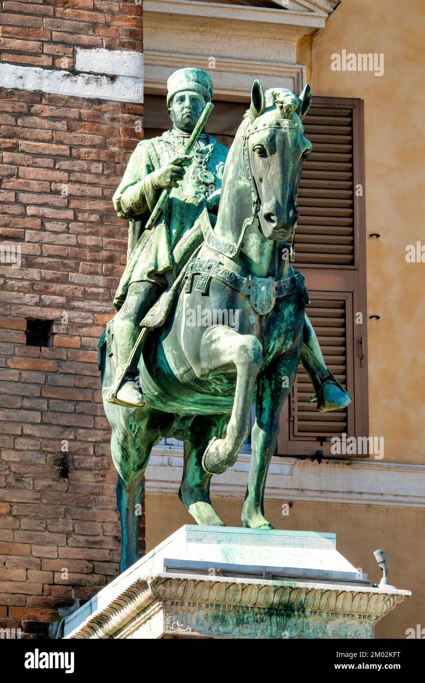 Equestrian statue of Niccolò III d'Este on the Palazzo Municipale, Ferrara Italy Stock Photo