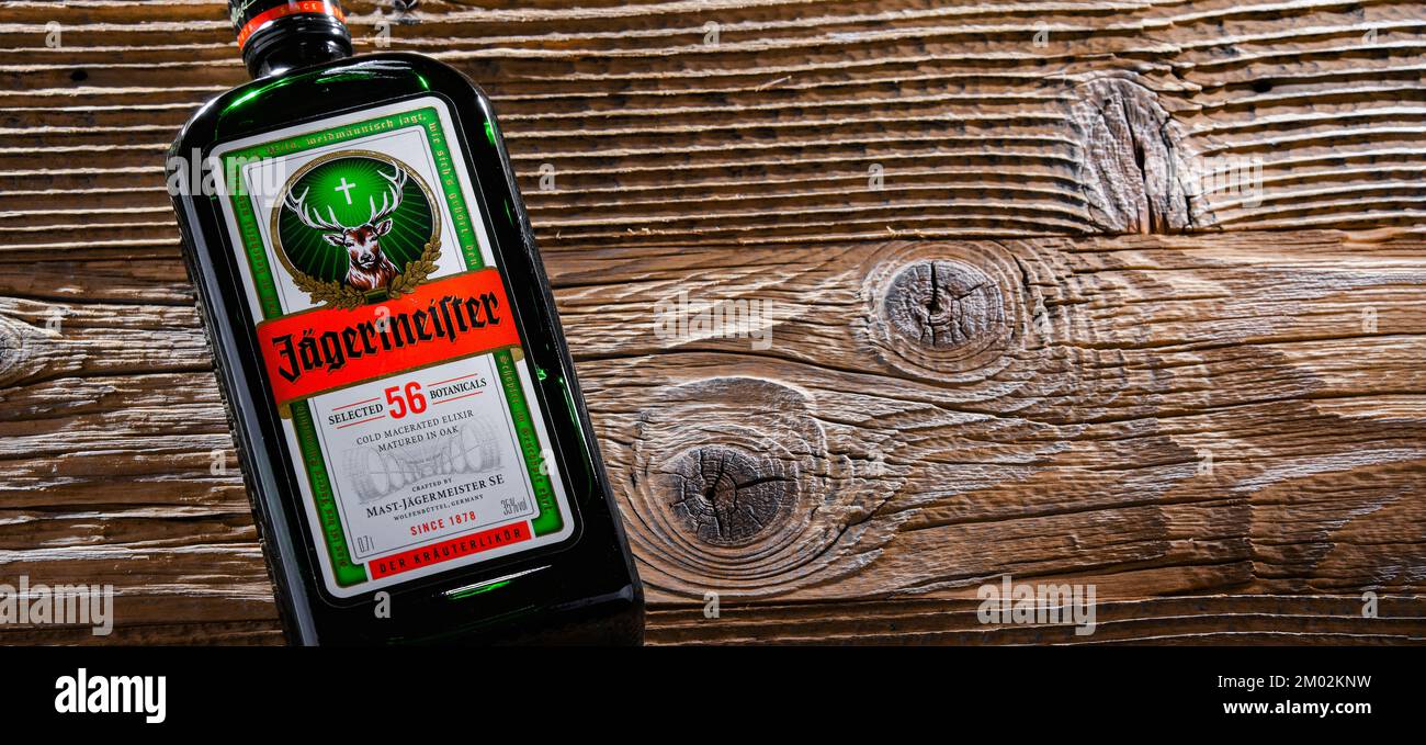 POZNAN, POL APR 13, 2022 Bottle of Jagermeister, German digestif