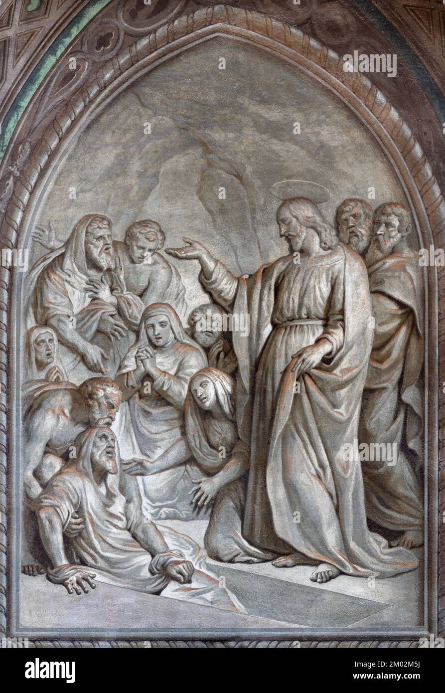 BIELLA, ITALY - JULY 15, 2022: The fresco of Resurrection of Lazarus in Cathedral (Duomo) by Giovannino Galliari (1784). Stock Photo