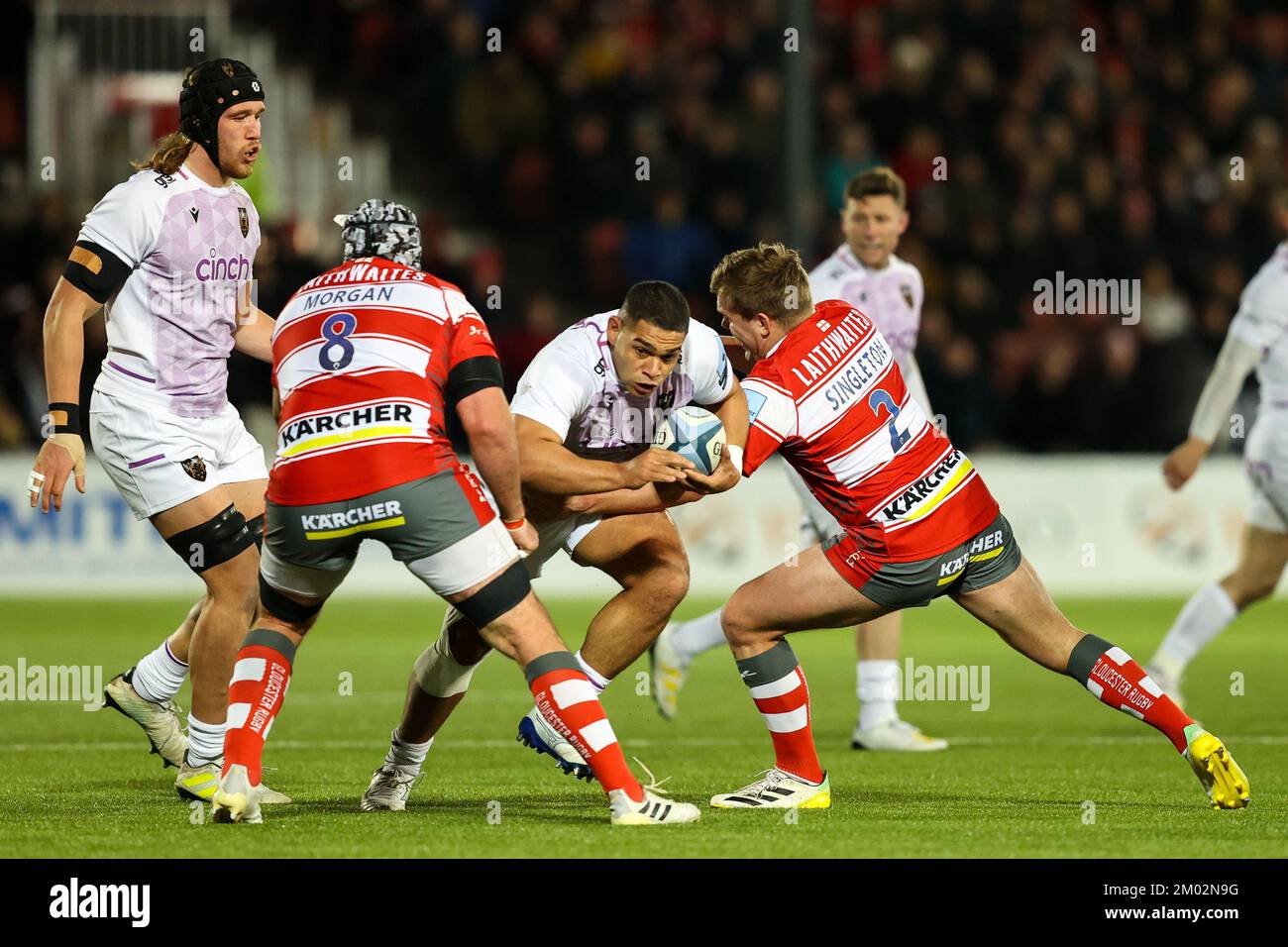 Sam Matavesi of Northampton Saints is tackled by Jack Singleton of Gloucester Rugby during the Gallagher Premiership match Gloucester Rugby vs Northampton Saints at Kingsholm Stadium , Gloucester, United Kingdom, 3rd December