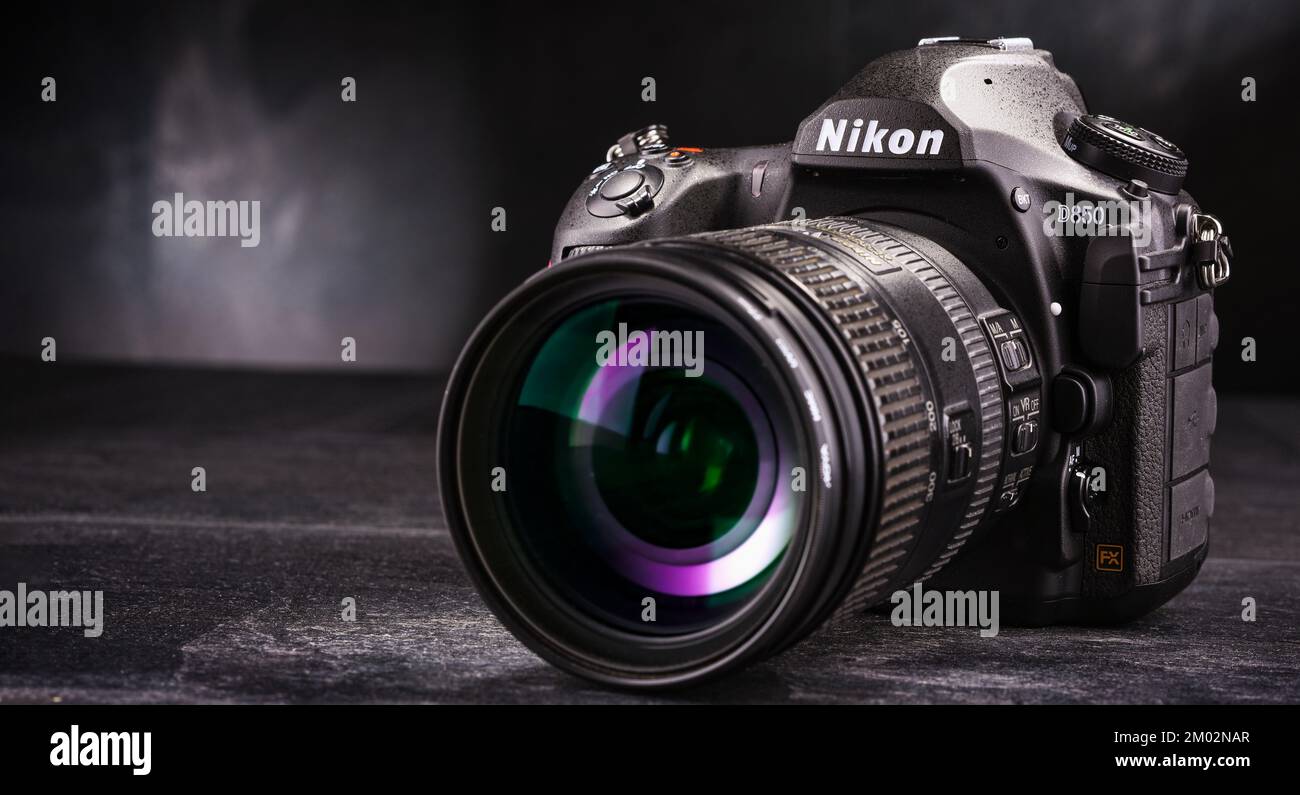 POZNAN, POL - NOV 12, 2021: Nikon D850, a brand of Nikon Corporation, a company headquartered in Tokyo, Japan, specializing in optics and imaging prod Stock Photo