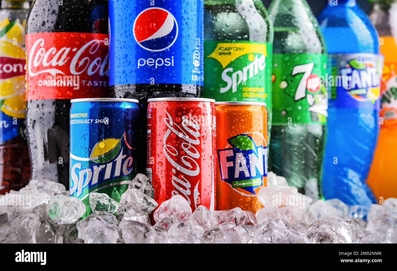 POZNAN, POLAND OCT 28, 2021 Bottles of global soft drink brands including products of Coca