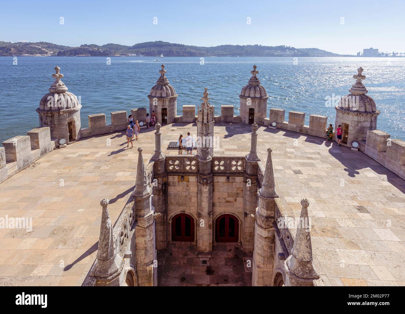 Lisbon, Portugal.  The 16th century Torre de Belem or Tower of Belem. The bulwark terrace seen from the balcony of The King's Chamber.  The tower is a Stock Photo