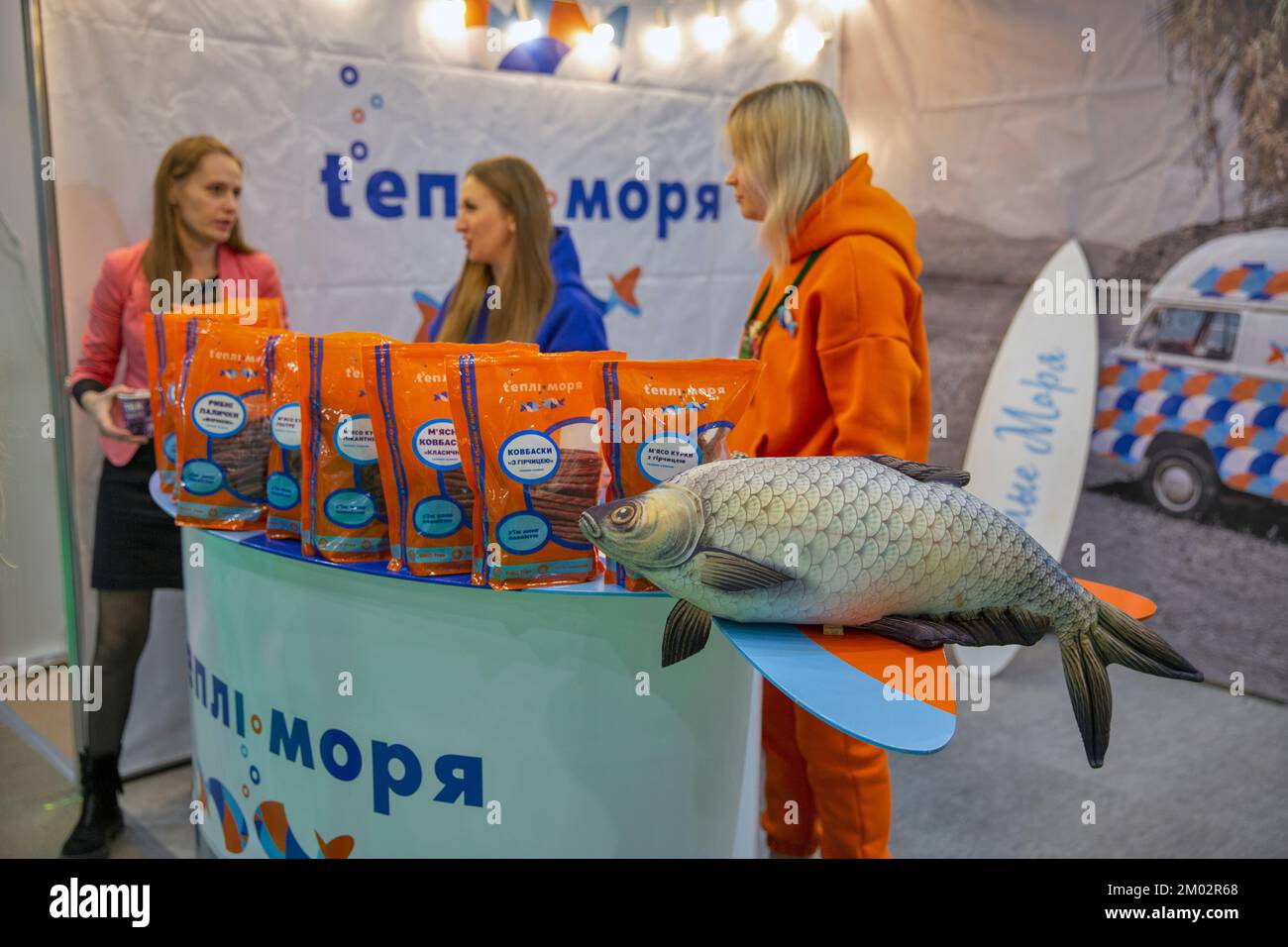 Kyiv, Ukraine - November 02, 2021: TM Tepli Moria or Warm Seas fish snacks booth at Wine and Spirits Exhibition, the main event for the wine and spiri Stock Photo