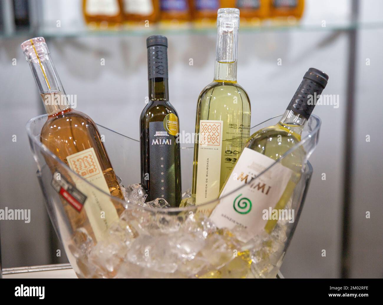 Kyiv, Ukraine - November 02, 2021: Castel Mimi Moldavian wine bottles in ice bucket at Wine and Spirits Exhibition, main event for wine and spirits ma Stock Photo