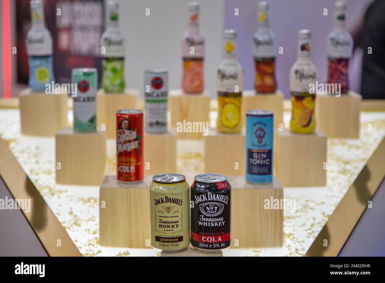 Kyiv, Ukraine - November 04, 2021: Jack Daniels Tennessee Honey and Whiskey cocktail cans and other drinks at Wine and Spirits Exhibition, main event Stock Photo