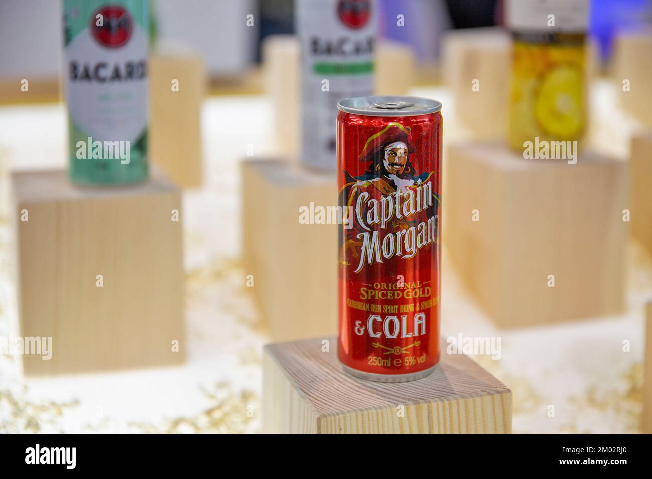Kyiv, Ukraine - November 04, 2021: Captain Morgan cocktail can at Wine and Spirits Exhibition, main event for wine and spirits market in Eastern Europ Stock Photo