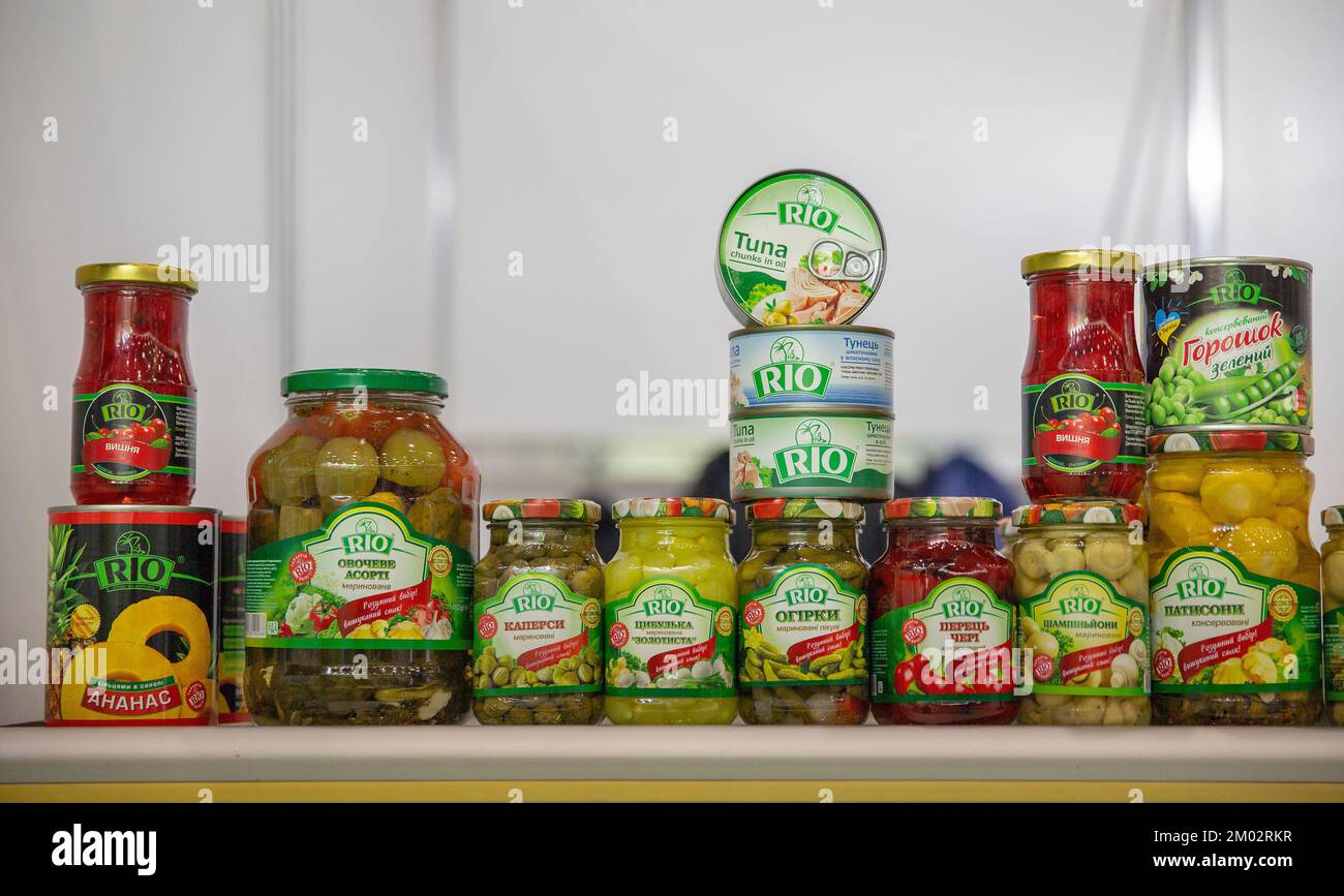 Kyiv, Ukraine - November 04, 2021: TM RIO wide range of fruit, vegetable and mushroom preservation food booth at Wine and Spirits Exhibition, main eve Stock Photo