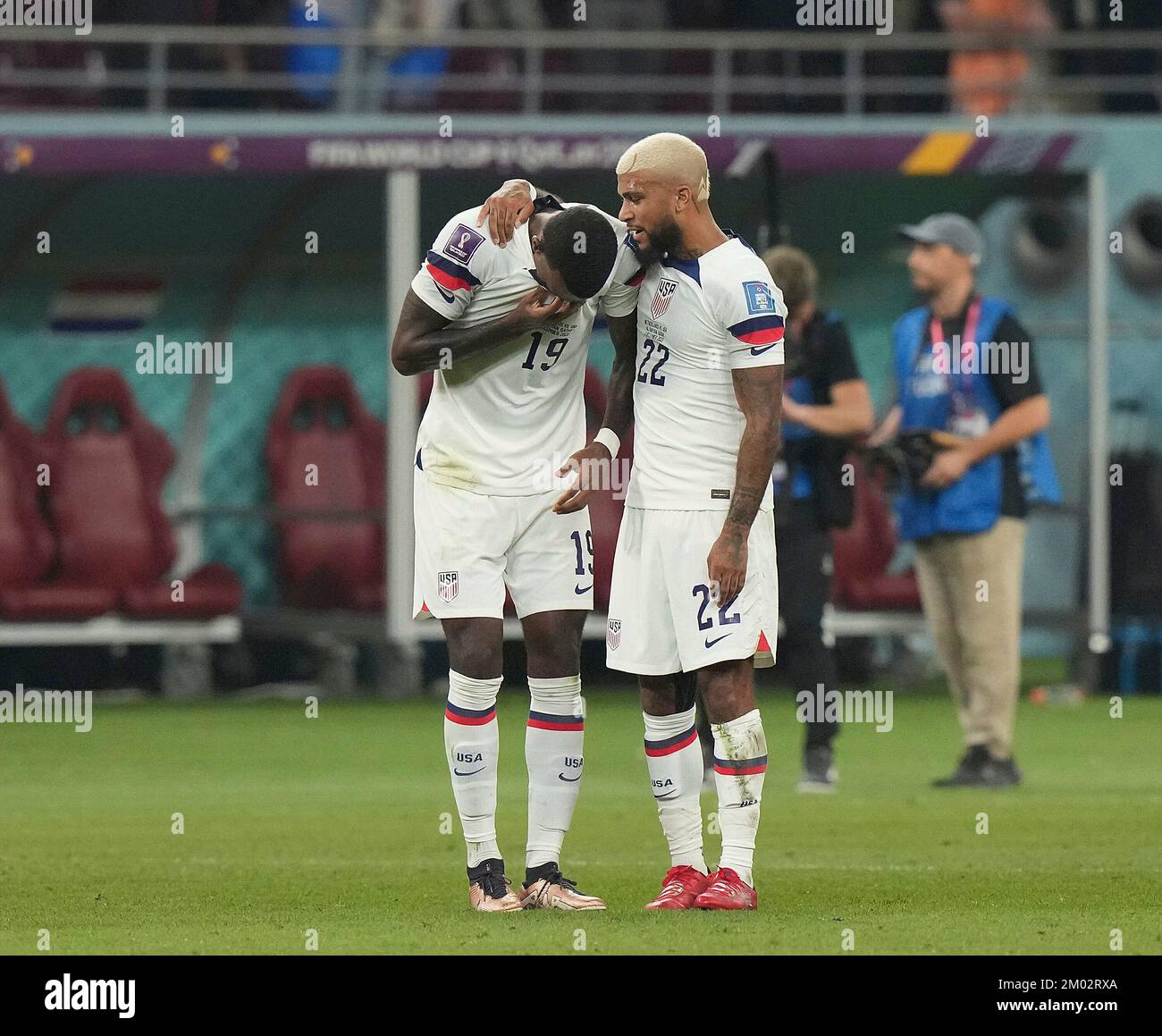 12/03/2022, Khalifa International Stadium, Doha, QAT, FIFA World Cup 2022, Round of 16, Netherlands vs USA, in the picture Disappointed American players after the defeat versus the Netherlands, USAÂ's forward Haji Wright, USAÂ's defender DeAndre Yedlin Stock Photo