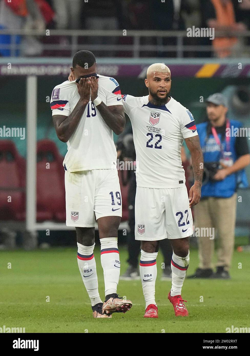 12/03/2022, Khalifa International Stadium, Doha, QAT, FIFA World Cup 2022, Round of 16, Netherlands vs USA, in the picture Disappointed American players after the defeat versus the Netherlands, USAÂ's forward Haji Wright, USAÂ's defender DeAndre Yedlin Stock Photo