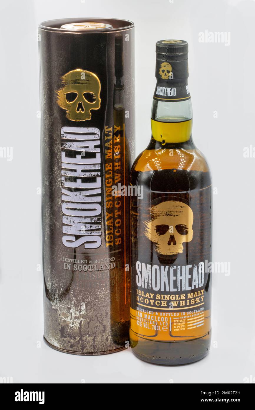Kyiv, Ukraine - December 26, 2021: Smokehead Islay single malt Scotch whisky bottle and box closeup on white. Stock Photo