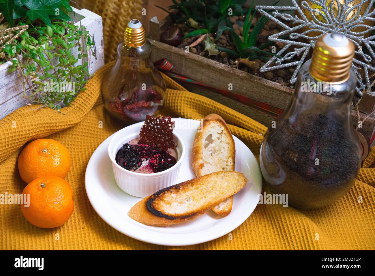 Chocolate mousse with currant jam, two slices of toasted bread Stock Photo