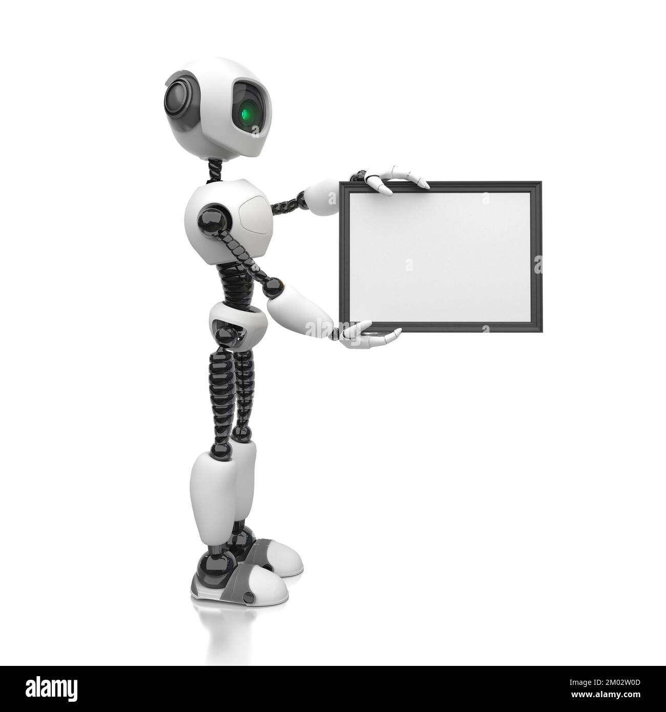 A humanoid robot holds a blank white sheet in a black frame on a white background. Future concept with smart robotics and artificial intelligence. 3D Stock Photo