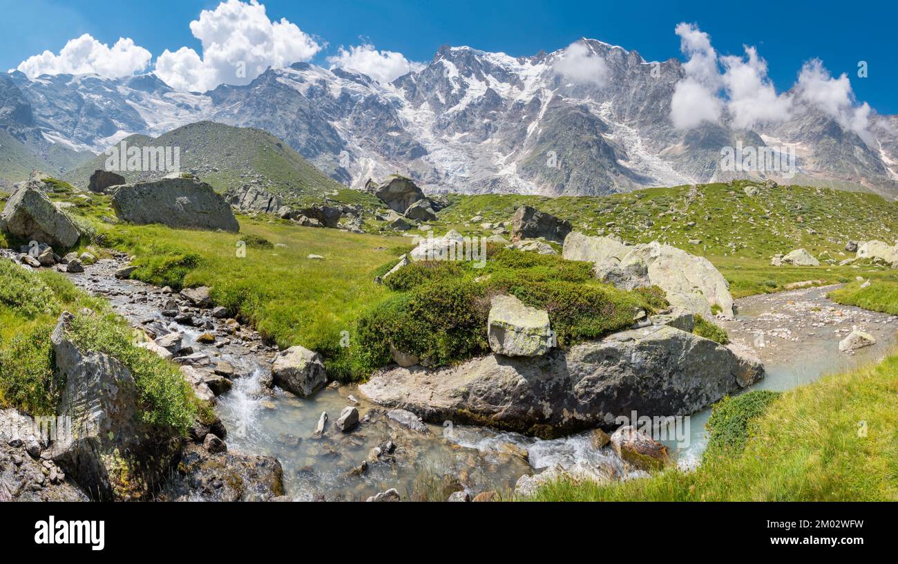 The Monte Rosa and Punta Gnifetti paks - Valle Anzasca valley. Stock Photo