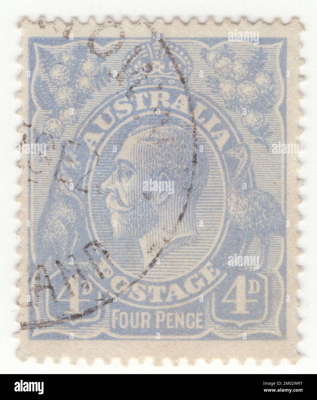 AUSTRALIA — 1922: An 4 pences light ultramarine postage stamp showing portrait of King George V (George Frederick Ernest Albert) was King of the United Kingdom and the British Dominions, and Emperor of India, from 6 May 1910 until his death in 1936. Born during the reign of his grandmother Queen Victoria, George was the second son of Albert Edward, Prince of Wales, and was third in the line of succession to the British throne behind his father and his elder brother, Prince Albert Victor Stock Photo
