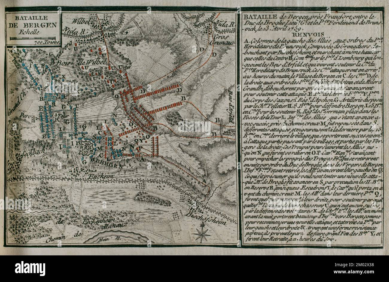 Seven Years War (1756-1763). Map of the Battle of Bergen (April 13, 1759). Confrontation between the Hanoverian troops led by Prince Ferdinand of Brunswick-Luneburg and the French army commanded by Marshal de Broglie, with French victory. Published in 1765 by the cartographer Jean de Beaurain (1696-1771) as an illustration of his Great Map of Germany, with the events that took place during the Seven Years War. Allied army in red and the French army in blue. Engraving. French edition, 1765. Military Historical Library of Barcelona (Biblioteca Histórico Militar de Barcelona). Catalonia. Spain. Stock Photo