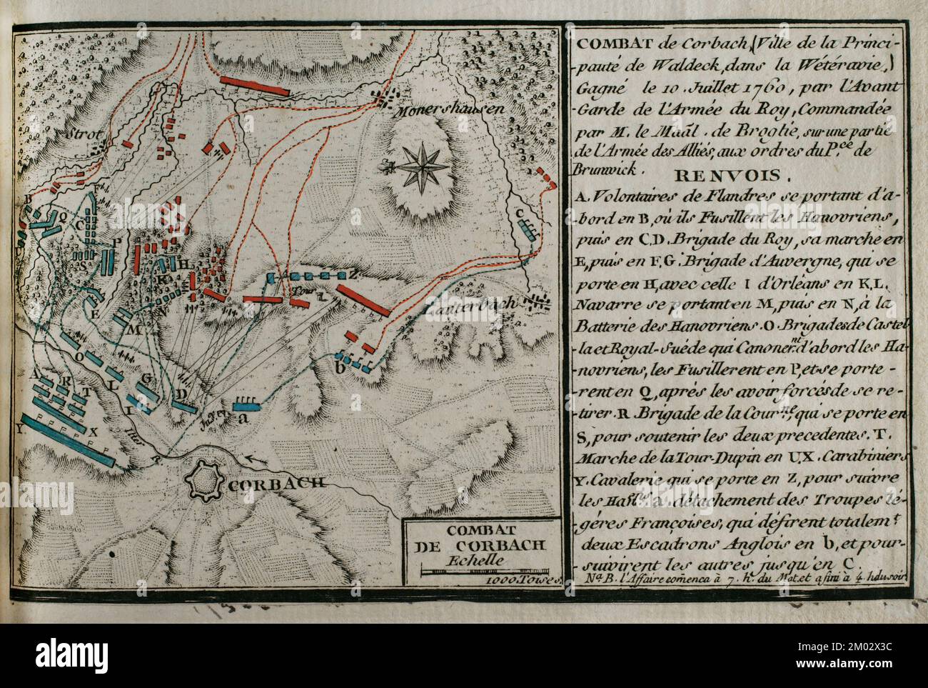 Seven Years War (1756-1763). Map of the Battle of Corbach or Korbach (July 10, 1760). Northern Hesse, Germany. The French troops, led by Marshal Victor-François, 2nd Duke of Broglie, defeated the Hanoverians, British and Hessian allies, commanded by Ferdinand, Duke of Brunswick. Published in 1765 by the cartographer Jean de Beaurain (1696-1771) as an illustration of his Great Map of Germany, with the events that took place during the Seven Years War. Allied army in red and the French army in blue. Etching and engraving. French edition, 1765. Military Historical Library of Barcelona (Biblioteca Stock Photo