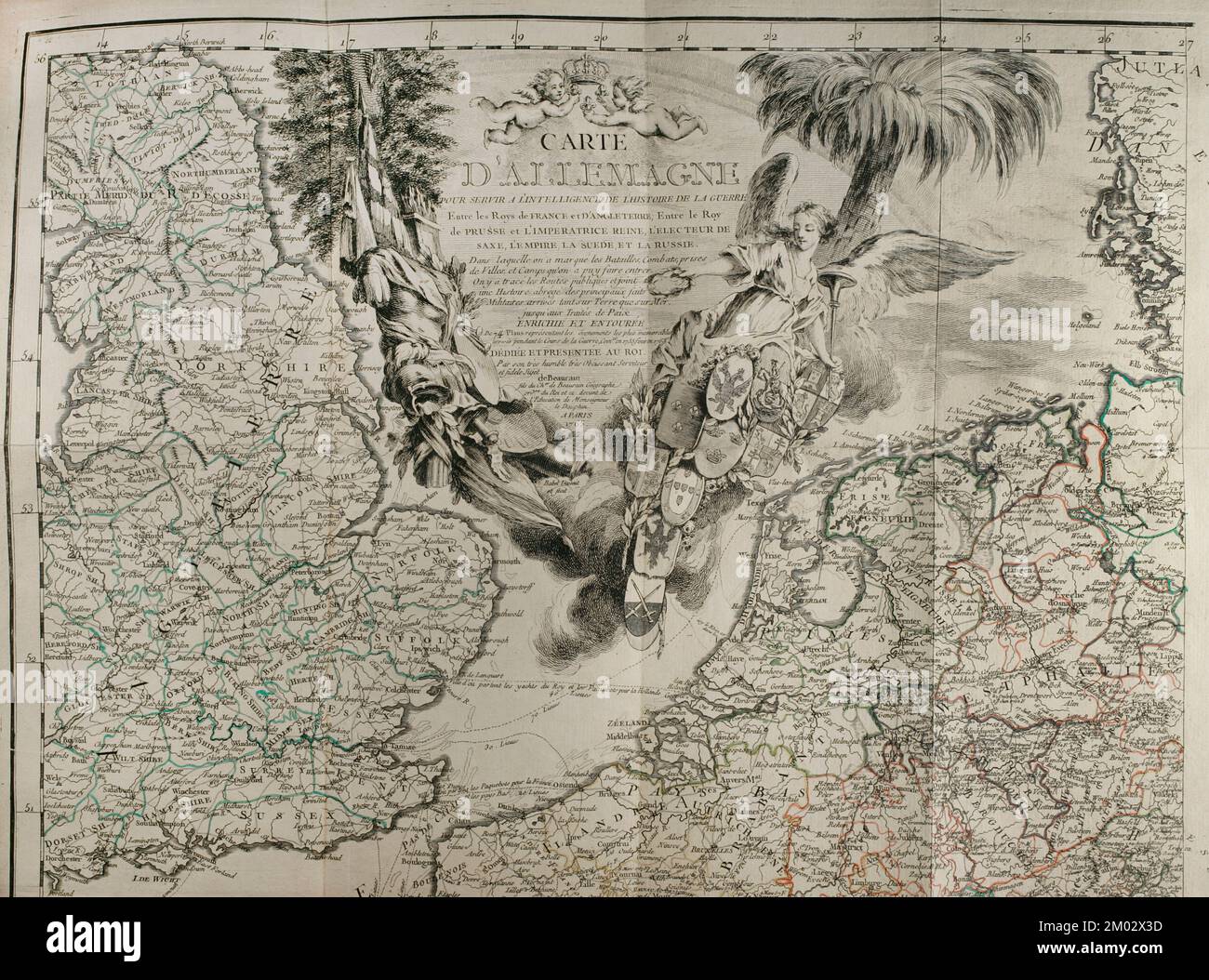 Map of Germany. War from 1755 to 1763. Published in 1765 by the cartographer Jean de Beaurain (1696-1771) as an illustration of his Great Map of Germany, with the events that took place during the War of the Seven Years. Allied army in red and the French army in blue. French edition, 1765. Military Historical Library of Barcelona (Biblioteca Histórico Militar de Barcelona). Catalonia. Spain. Stock Photo