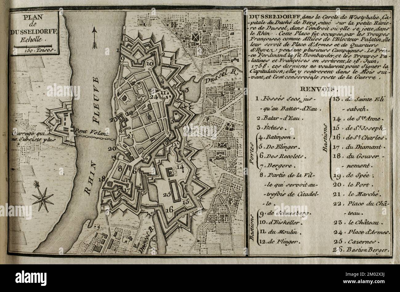 Map of Dusseldorf, 1758. Published in 1765 by the cartographer Jean de Beaurain (1696-1771) as an illustration of his Great Map of Germany, with the events that took place during the War of the Seven Years. French edition, 1765. Military Historical Library of Barcelona (Biblioteca Histórico Militar de Barcelona). Catalonia. Spain. Stock Photo