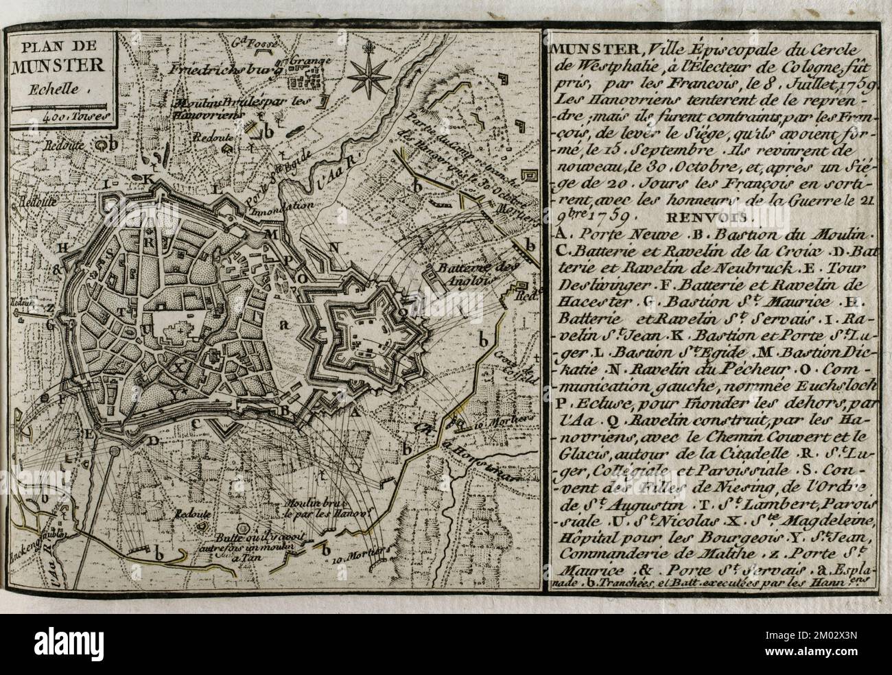 War of the Seven Years (1756-1763). Plan of Münster, 1759. Episcopal city of the imperial circle of Westphalia. It was taken by the French on 8 July 1759. The Hanoverians tried to retake Munster, but on 15 September the French succeeded in lifting the siege of the town. The Hanoverians returned again on 30 October, and after a 20-day siege, the French had to abandon it, leaving with the honours of war on 21 November 1759. Published in 1765 by the cartographer Jean de Beaurain (1696-1771) as an illustration of his Great Map of Germany, with the events that took place during the Seven Years War. Stock Photo