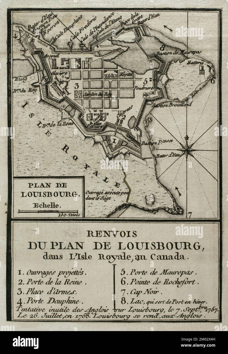 Map of Louisbourg, Canada. Nova Scotia. It depicts the successful siege of the great French fortress by the British in 1758 who finally took Louisbourg on July 26, 1758. Published in 1765 by the cartographer Jean de Beaurain (1696-1771) as an illustration for his Great Map of Germany, with the events that took place during the Seven Years' War. War from 1755 to 1763. French edition, 1765. Engraving. Military Historical Library of Barcelona (Biblioteca Histórico Militar de Barcelona). Catalonia. Spain. Stock Photo
