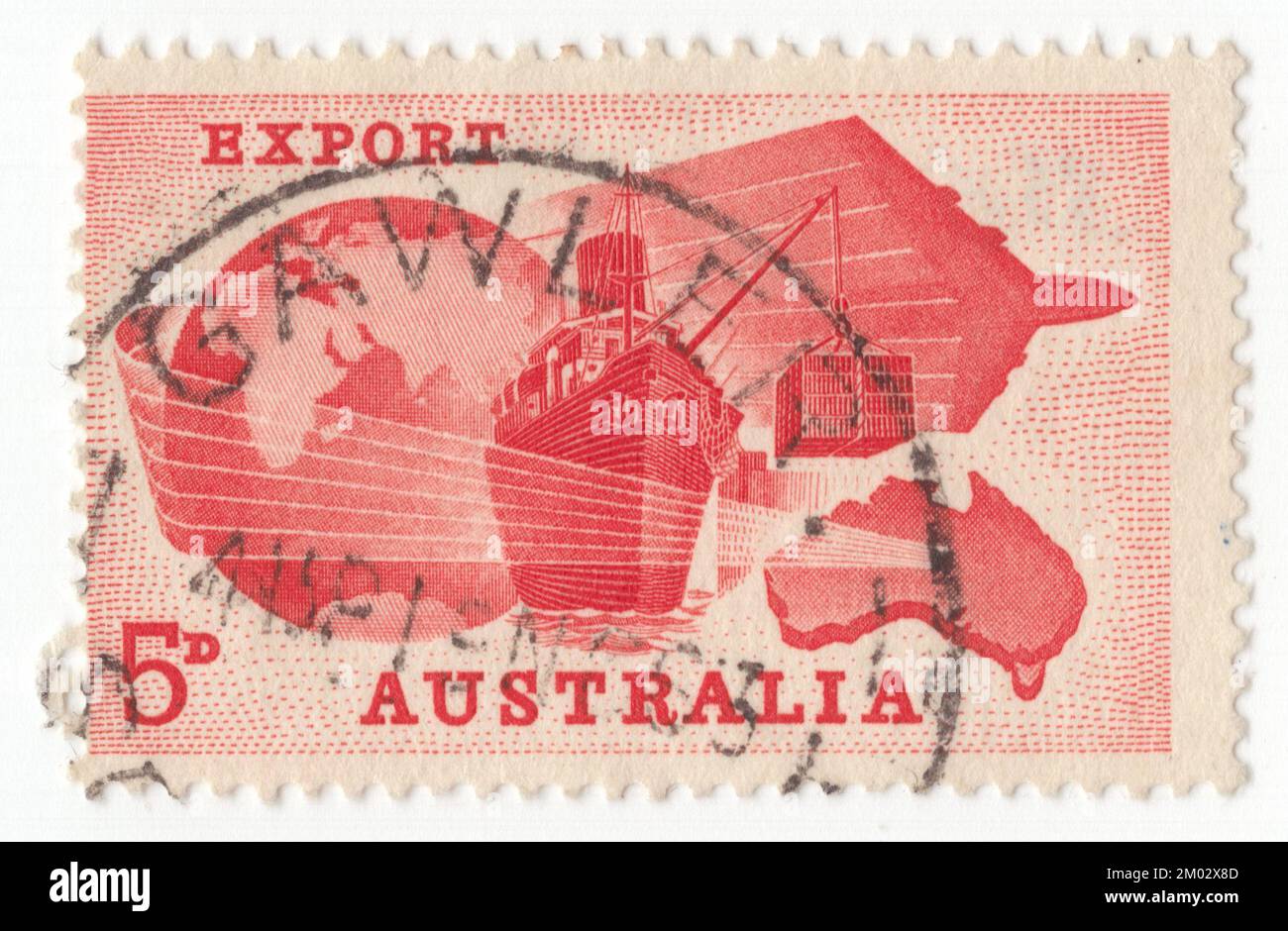 AUSTRALIA — 1963 August 28: An 5 pence red postage stamp depicting composition with Globe, Ship, Plane and Map of Australia. Importance of exports to Australian economy Stock Photo