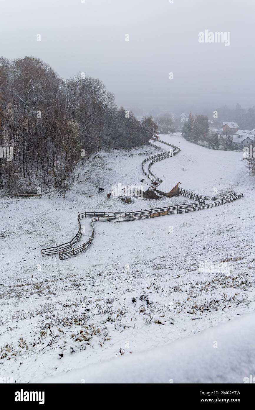 Wooden fence covered with a thin layer of the first snow. Rural ...