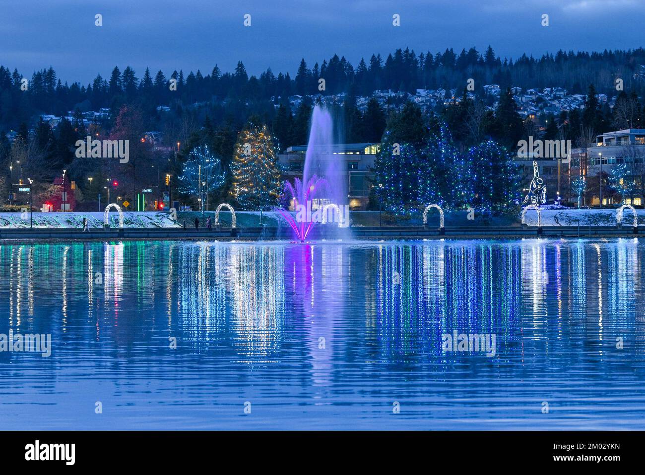 Fountain and Holiday Light display, Lafarge Lake, Town Centre Park, Coquitlam, British Columbia, Canada. Stock Photo