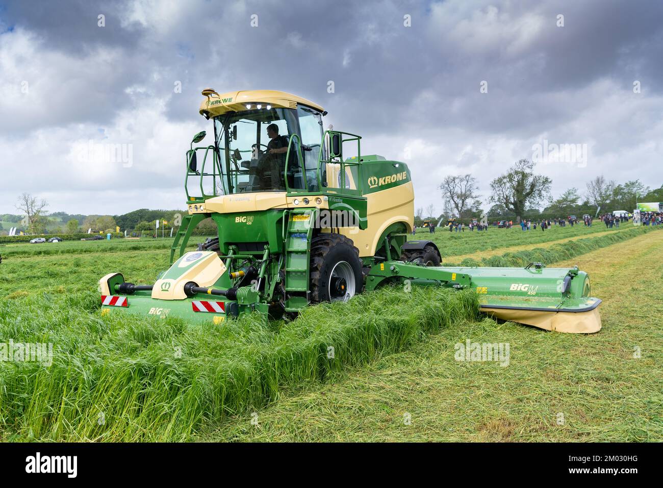 Krone Big M, a self propelled mower cutting grass in a meadow, Dumfries