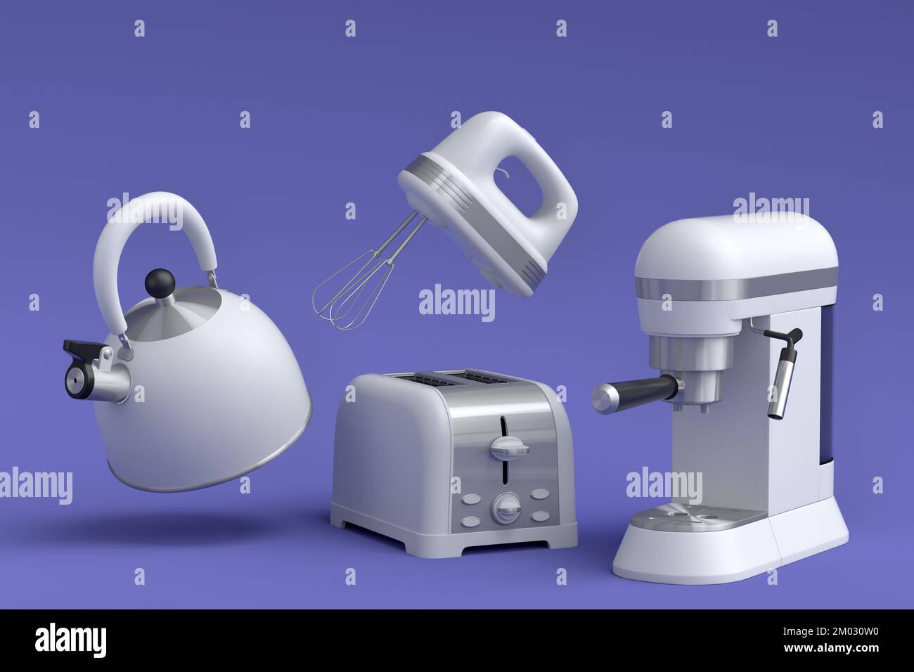 Espresso coffee machine, hand mixer, kettle and toaster for preparing