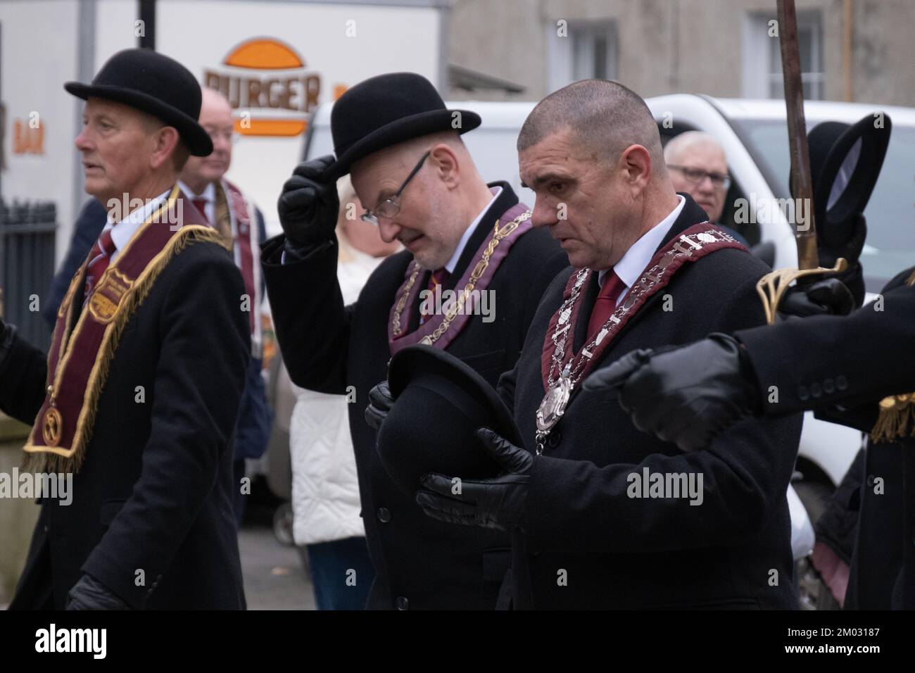 Londonderry, United Kingdom. 3 Dec, 2022. Graeme Stenhouse (right) governor of the Apprentice Boys of Derry at Shutting of the Gates 2022. Credit: Steve Nimmons/Alamy Live News Stock Photo