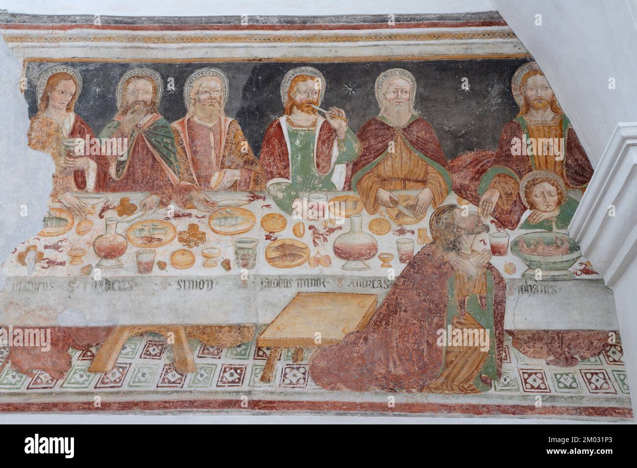 BONDO, SWITZERLAND - JULY 21, 2022: The fresco of last supper in the St. Martins church from 15. cent. Stock Photo