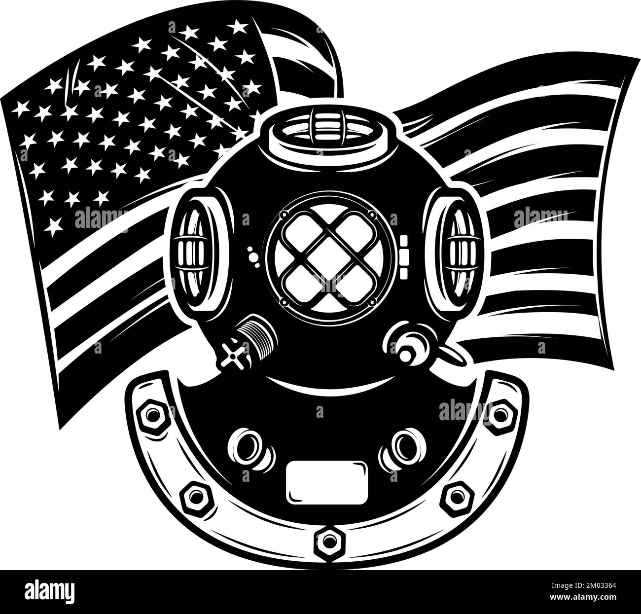 Diver helmet on usa flag background. Design element for poster, card