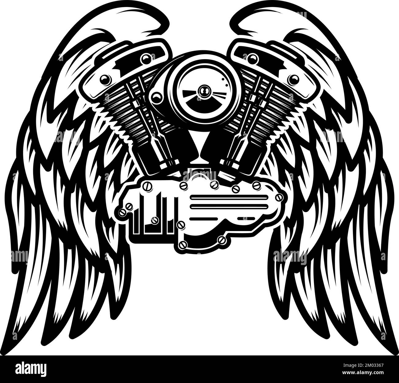 Illustration of twin engine with wings in engraving style. Design