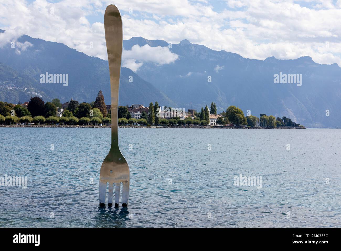A fork stuck into Lake Geneva marks the Food Museum in Vevey