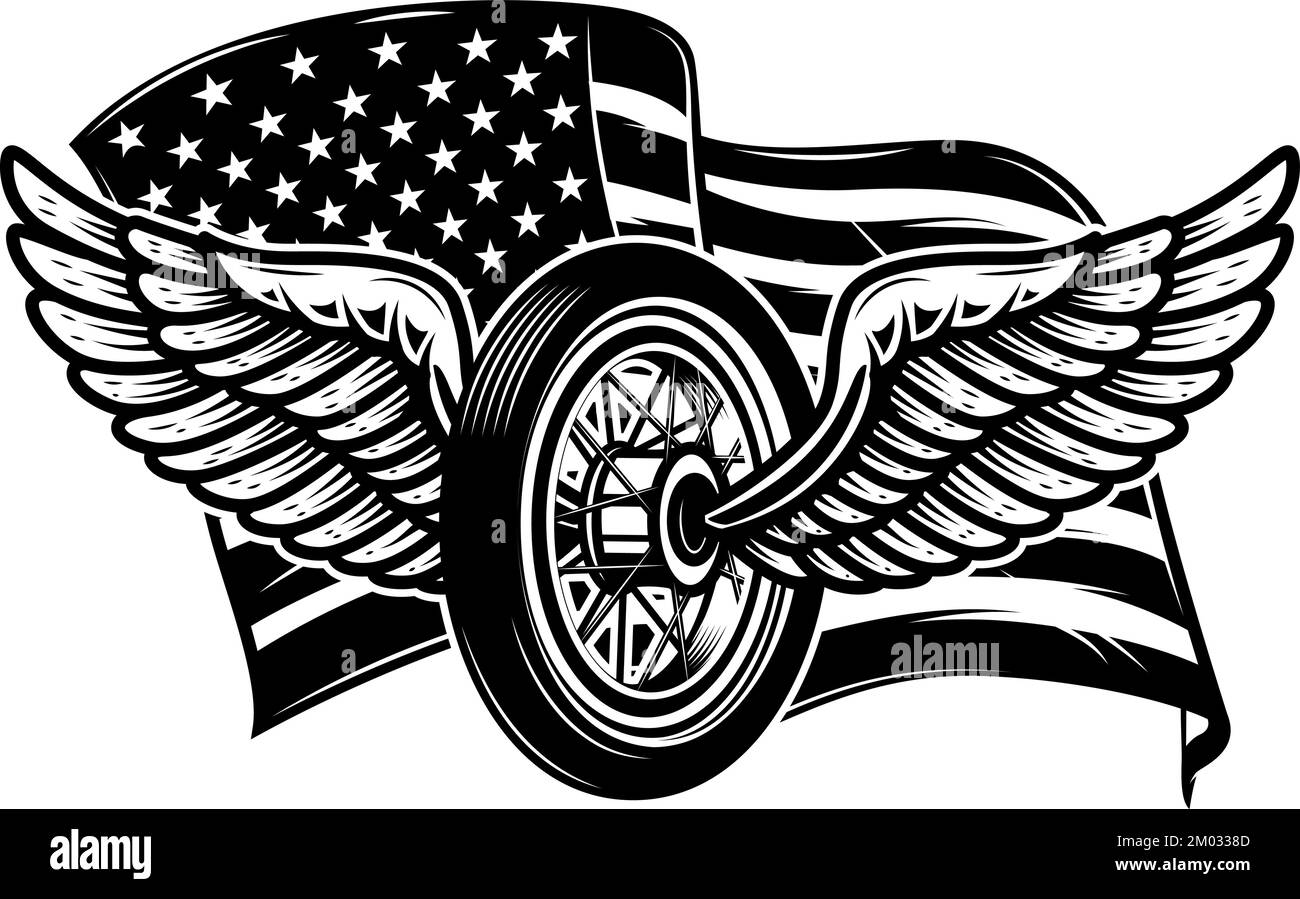 Illustration of winged wheel on american flag background. Design