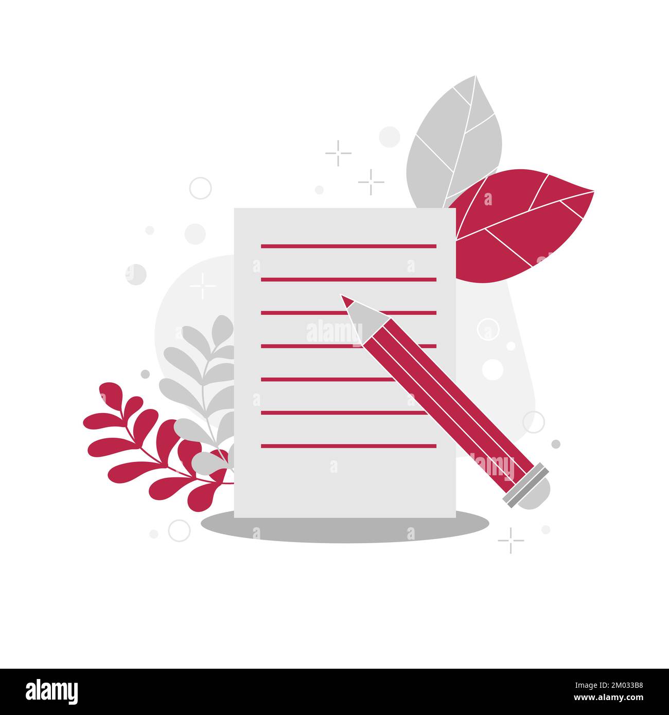 Sheet of paper with notes and pencil in modern color of the year 2023 Viva Magenta. Creative colorful vector illustration for banner, poster, website. Stock Vector