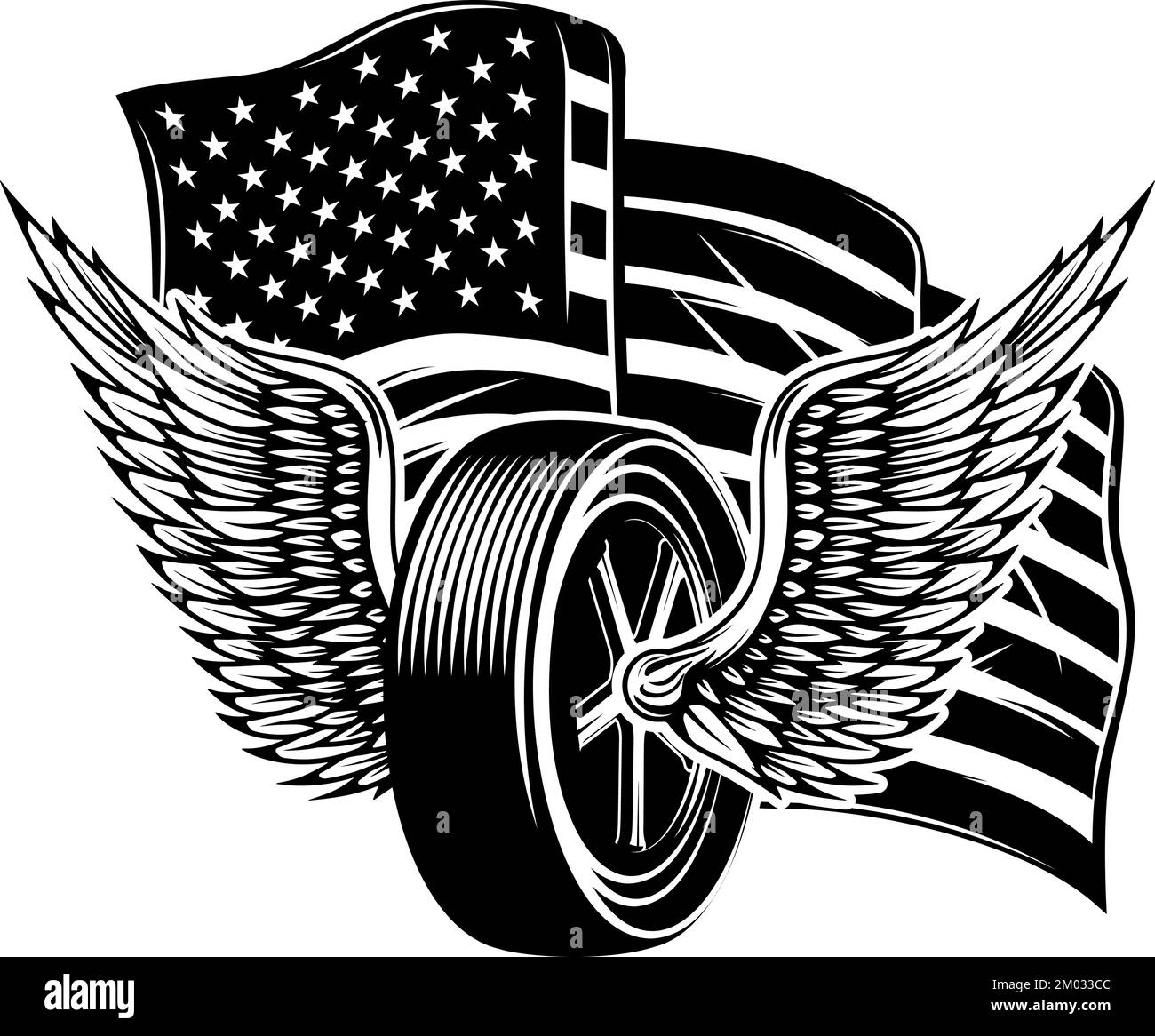 Illustration of winged wheel on american flag background. Design element for poster, card, banner, sign, emblem. Vector illustration Stock Vector