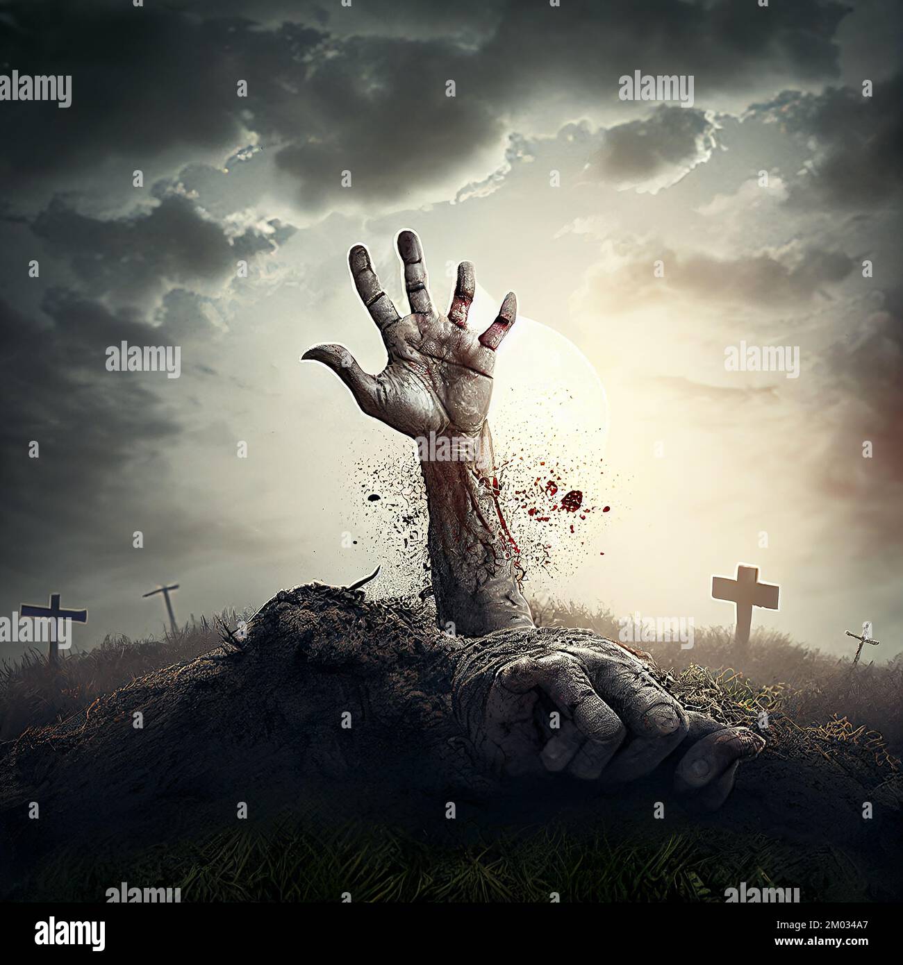 Zombie hand rising from the ground, halloween background Stock Photo