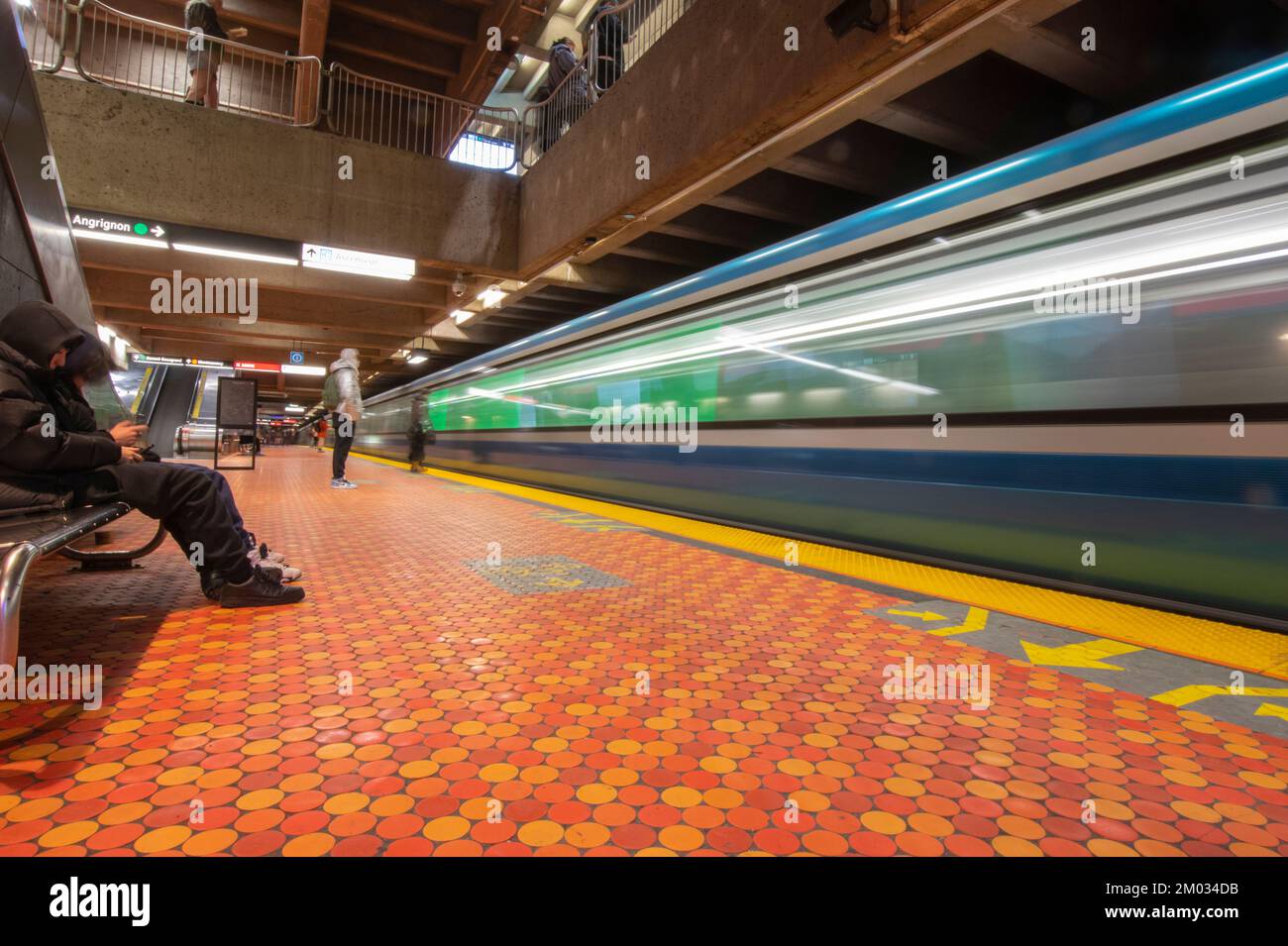 Train arriving at VillaMaria Metro Station in Montreal, Quebec, Canada