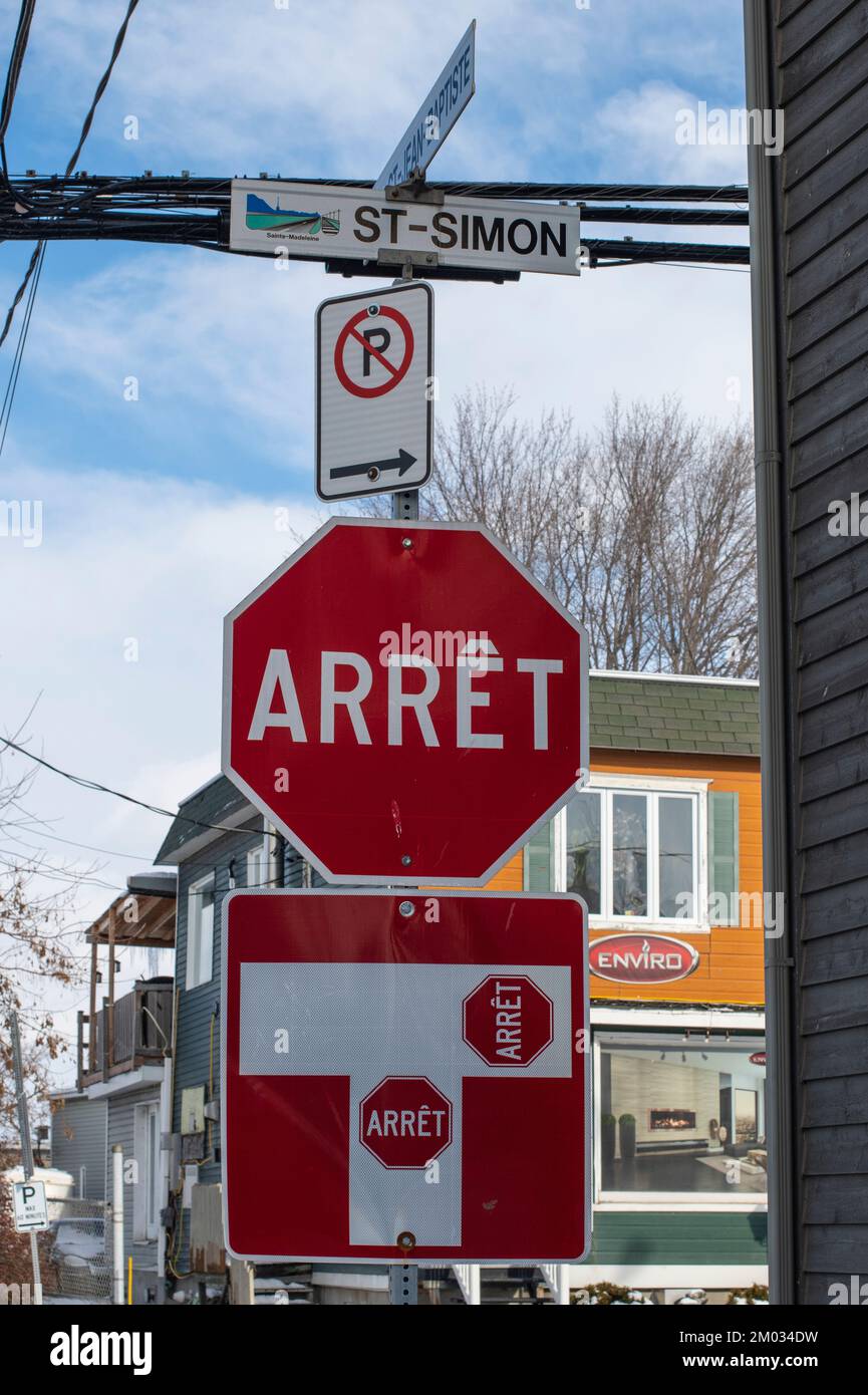 Stop sign in SainteMadeleine, Quebec, Canada Stock Photo Alamy