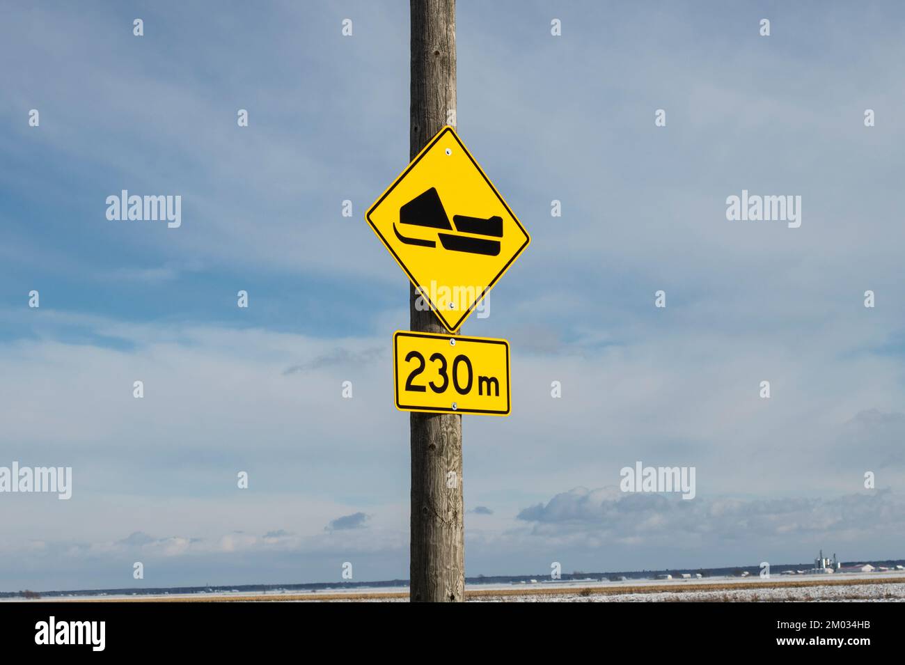 Snowmobiling sign in Saint-Guillaume, Quebec, Canada Stock Photo