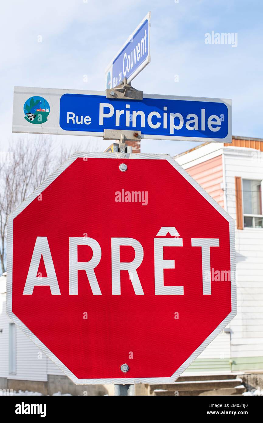 Stop sign in SainteMadeleine, Quebec, Canada Stock Photo Alamy