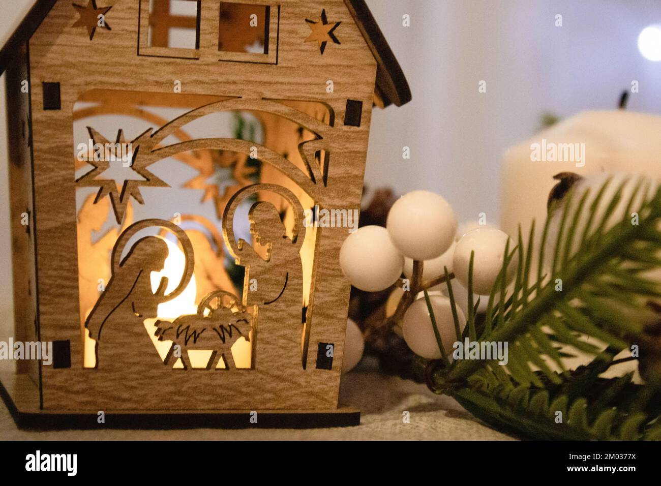 Christmas. Wooden crib with lights background Stock Photo Alamy