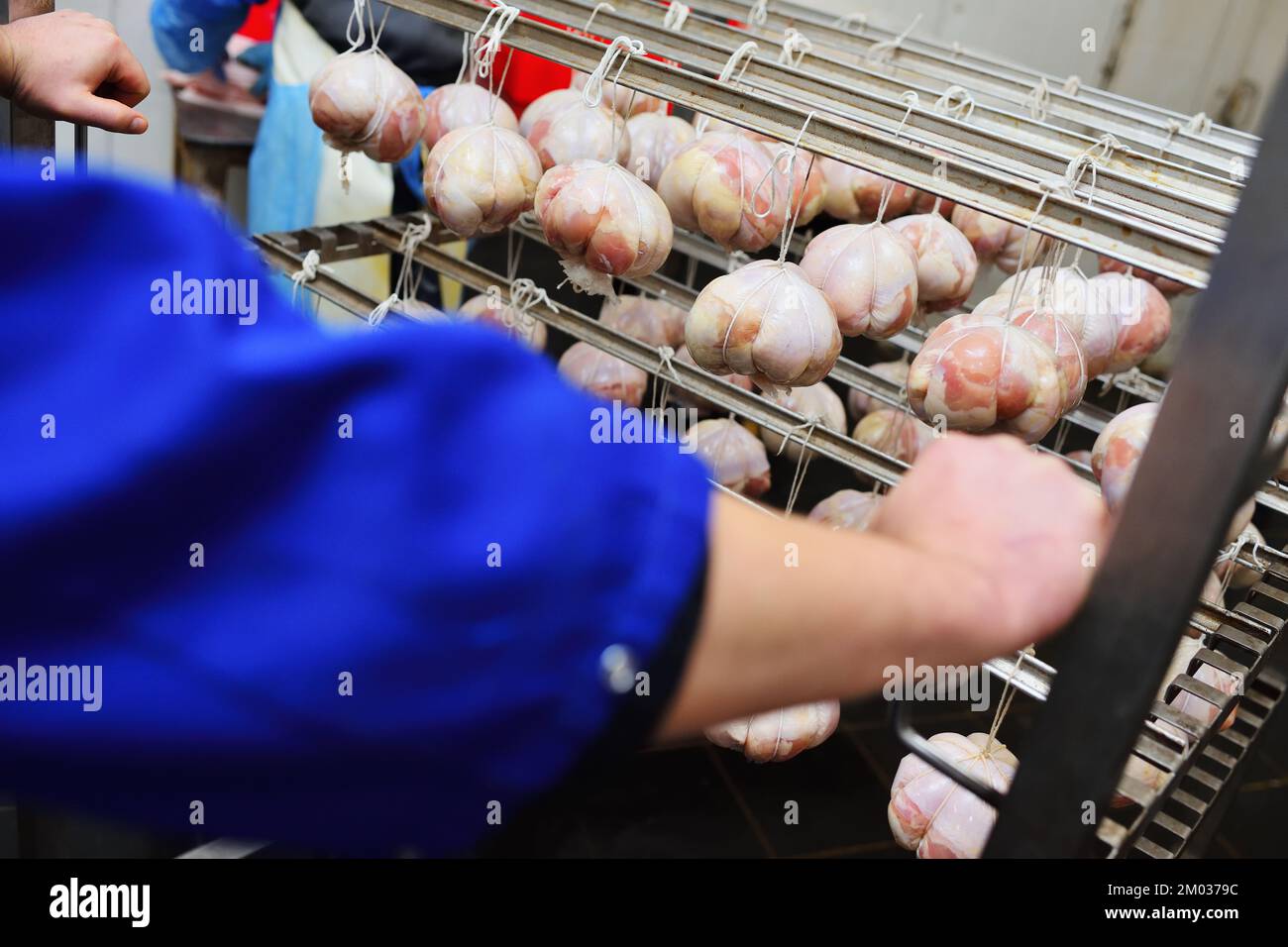 hands of an employee of a meat processing plant prepare meat delicacies
