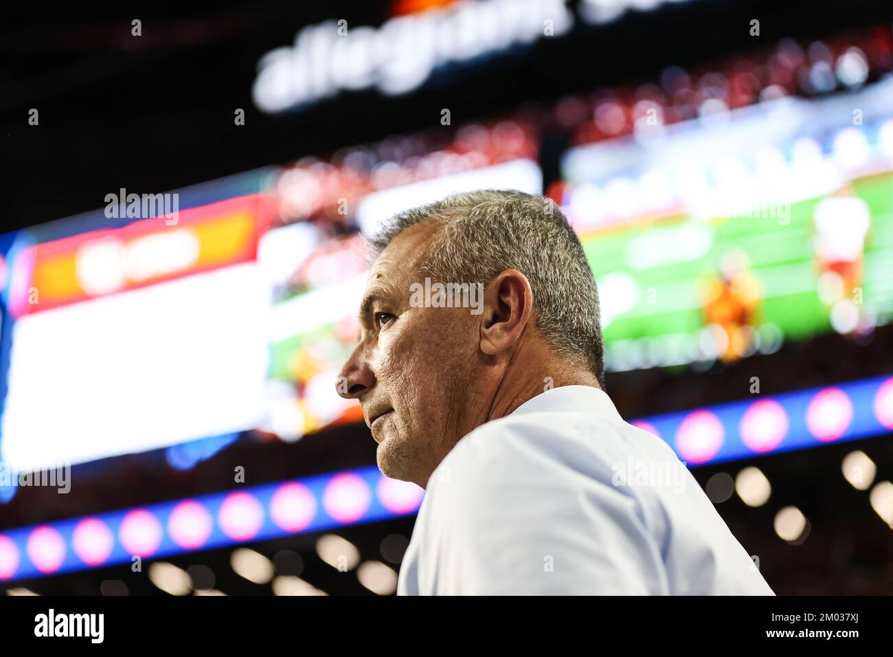 Las Vegas, NV, USA. 2nd Dec, 2022. Urban Meyer, Fox Sports analyst, attends the Pac-12 Championship Game featuring the Utah Utes and the USC Trojans at Allegiant Stadium in Las Vegas, NV. Christopher Trim/CSM/Alamy Live News Stock Photo