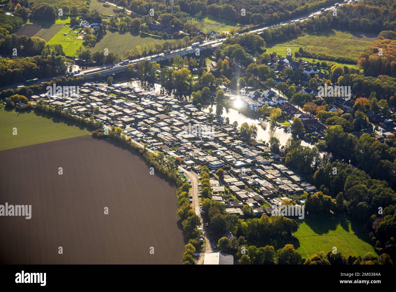 Aerial view, camping site Bej Wolters, camping site Schultes Kull, residential houses Neufelder Straße, Großer Parsick See, Vluyn, Neukirchen-Vluyn, R Stock Photo