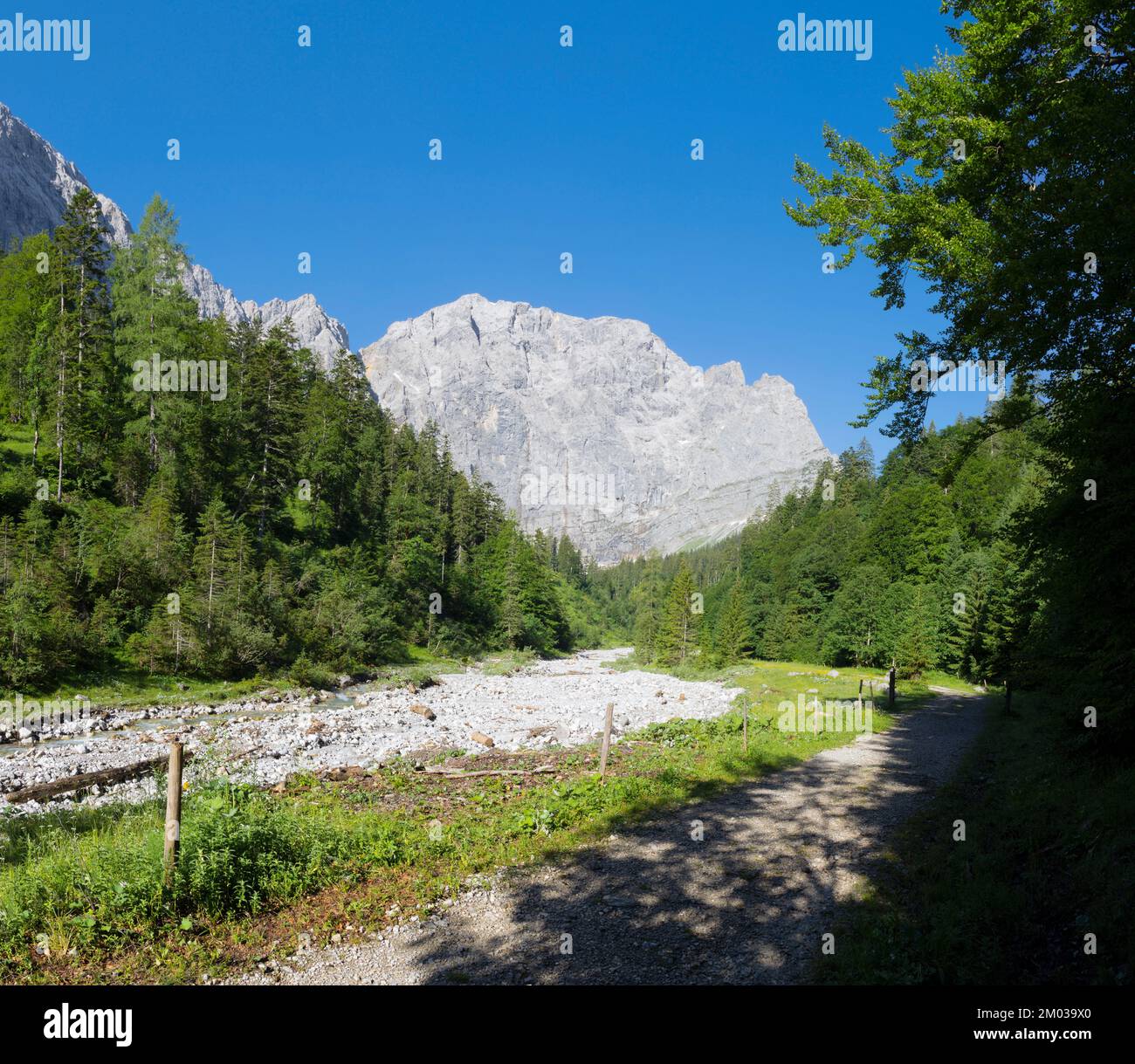 The north walls of Karwendel mountains - walls of Grubenkar spitze from the valley. Stock Photo